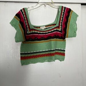 POL Black and Green Graphic Crop Top Short Sleeve